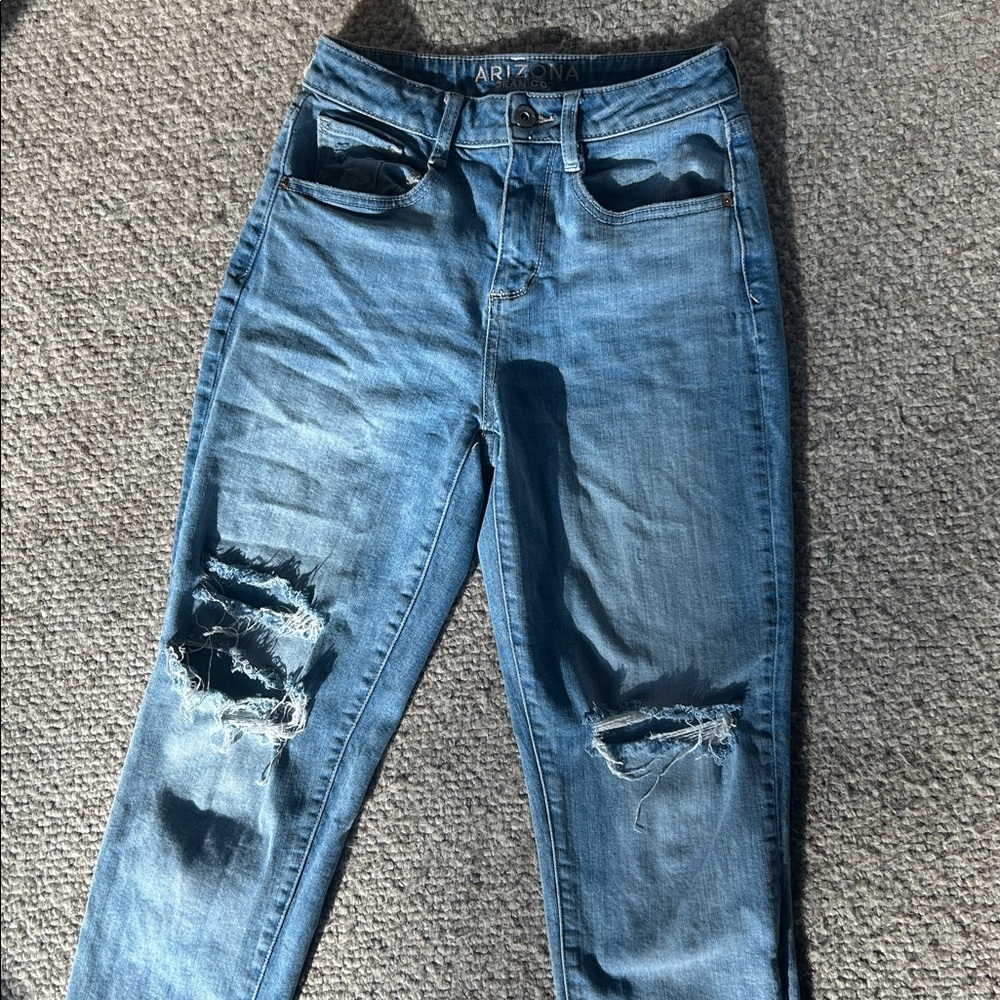Arizona High Rise Mom Distressed Light Blue Denim Jeans